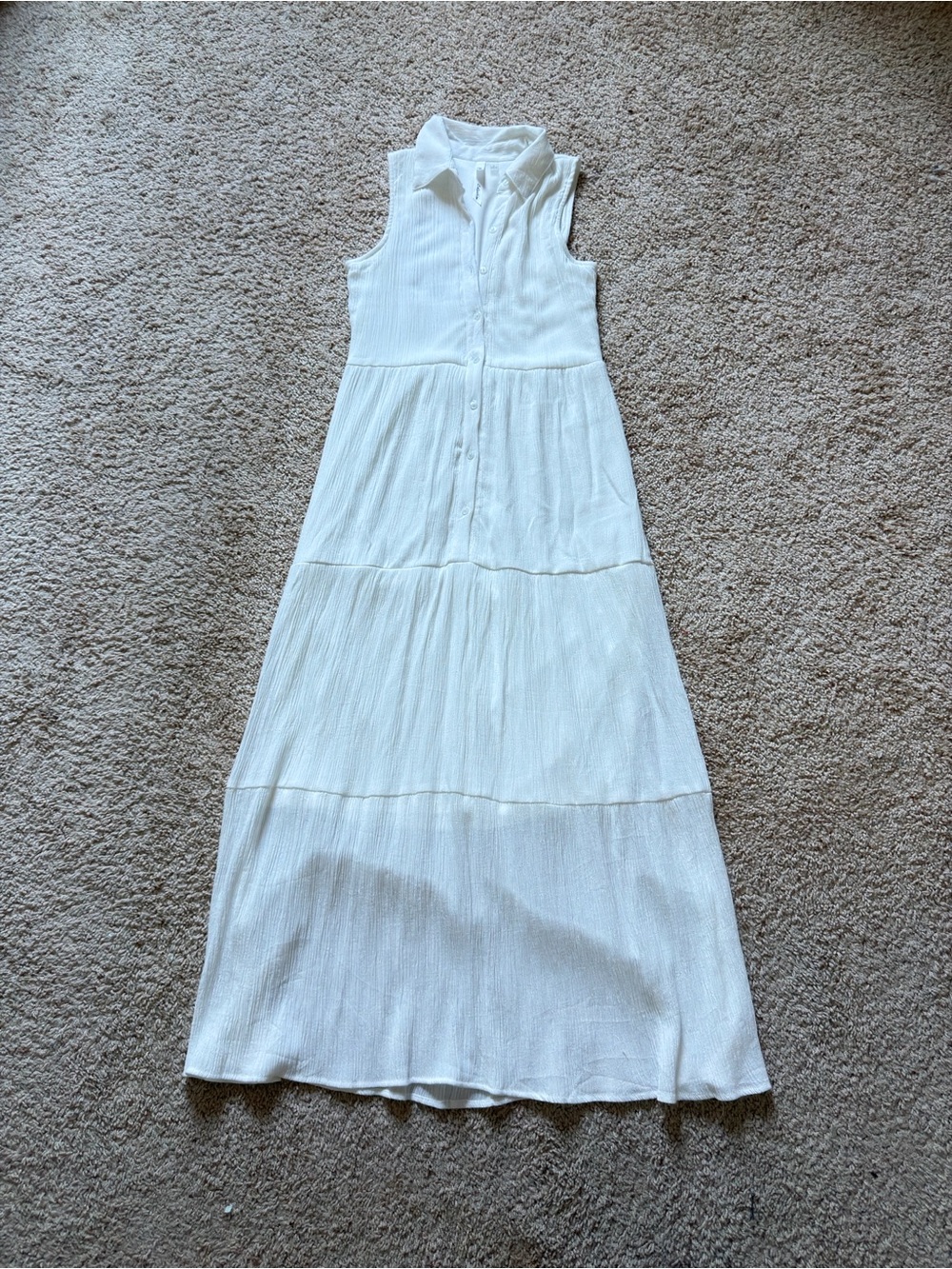 White Textured Tiered Button-Front Maxi Shirt Dress